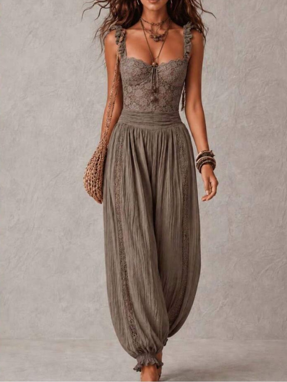 Boho Pleated Jumpsuit with lace camisole new